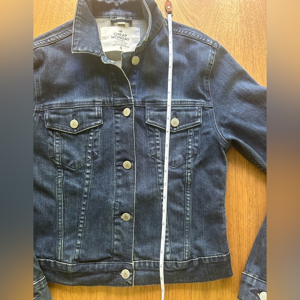 Get ready for fall sale! Fitted Cheap Monday dark wash stretch denim jacket